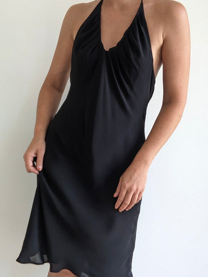 Vintage Ink Black Silk Halter Dress