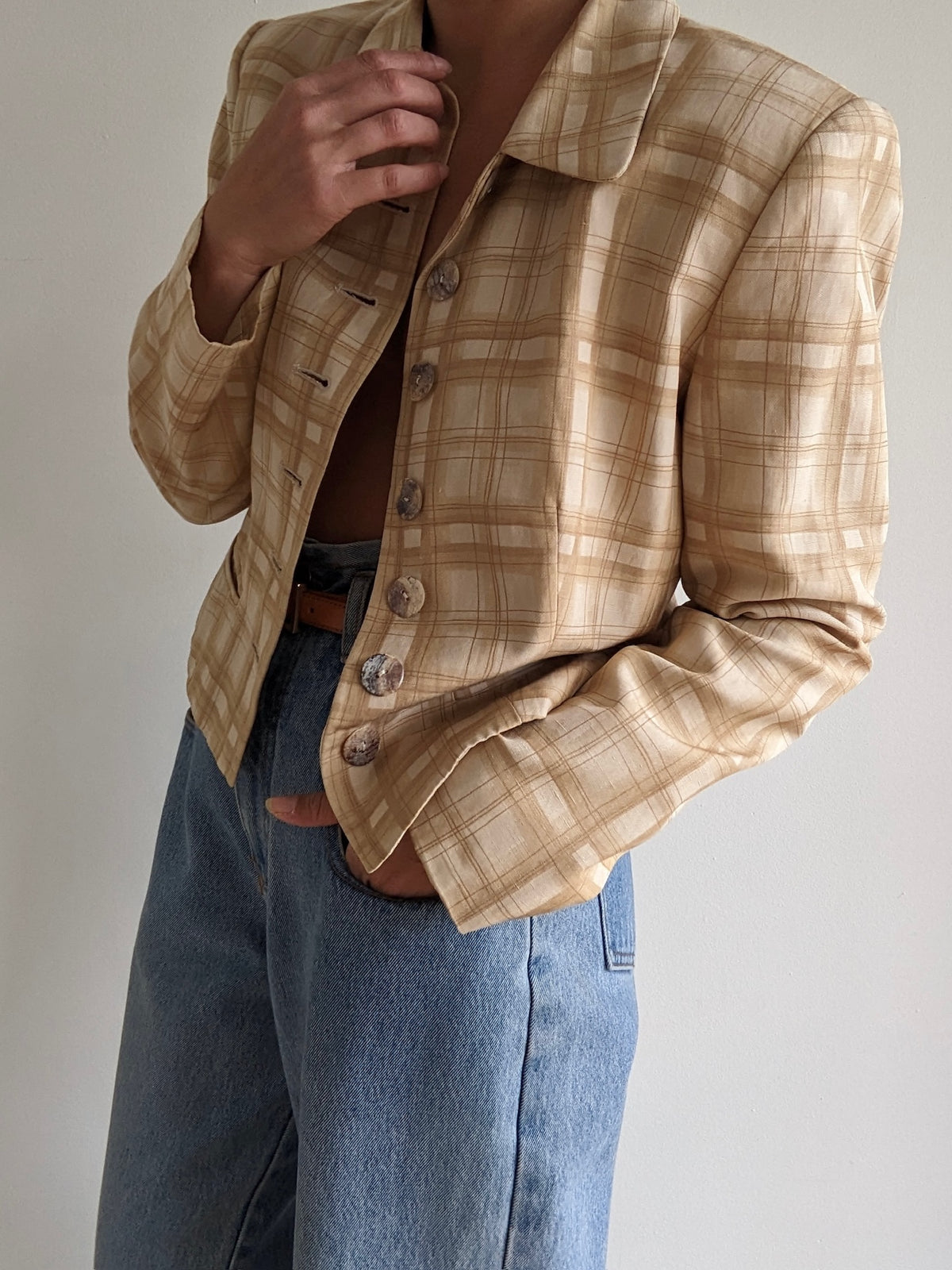 Vintage Sand Plaid Silk Cropped Jacket