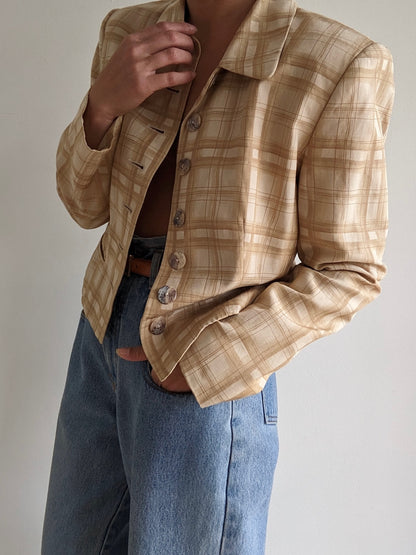 Vintage Sand Plaid Silk Cropped Jacket