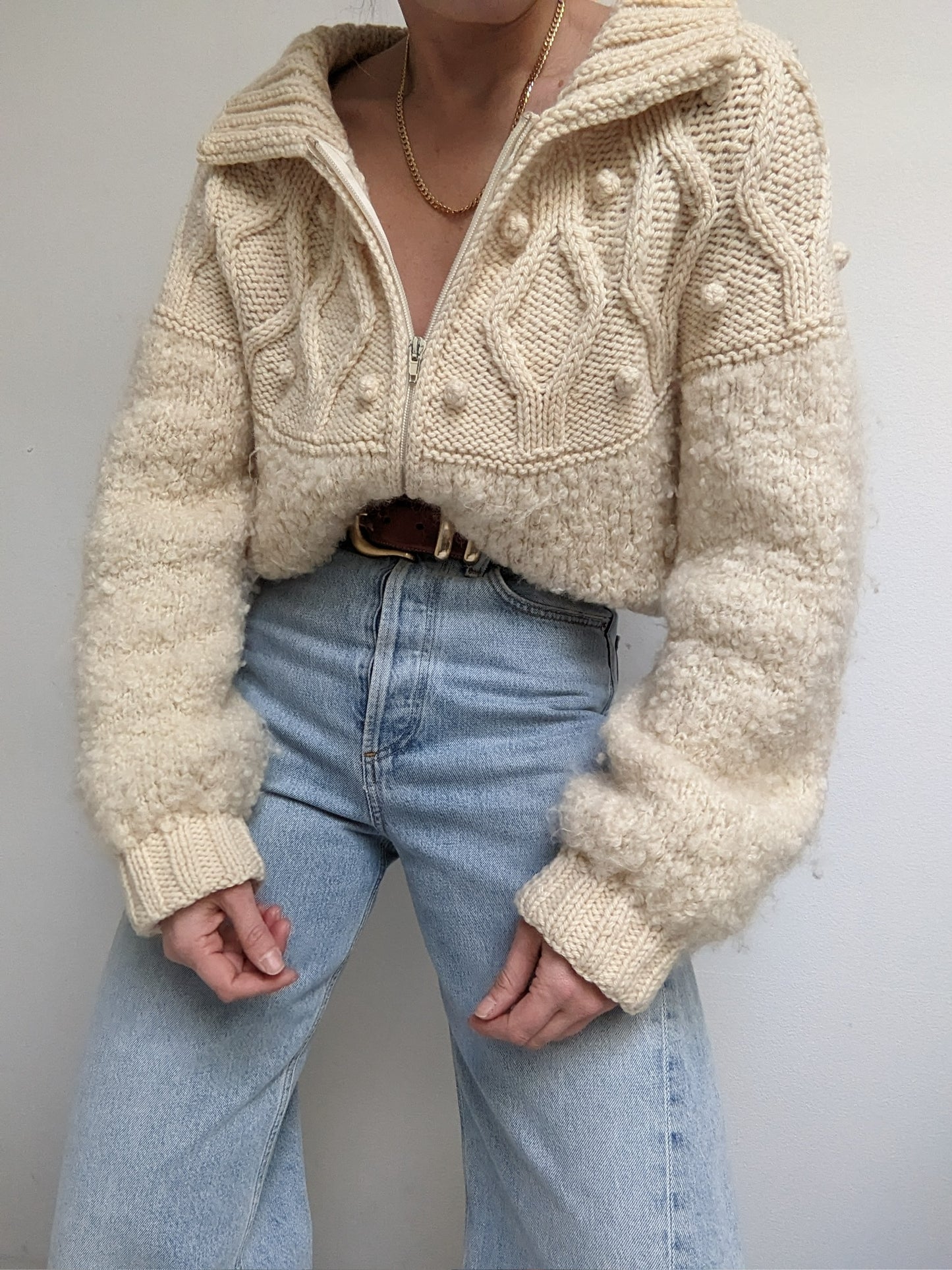 Vintage Hand Woven Cream Pure Wool Pom Pom Zip Jacket