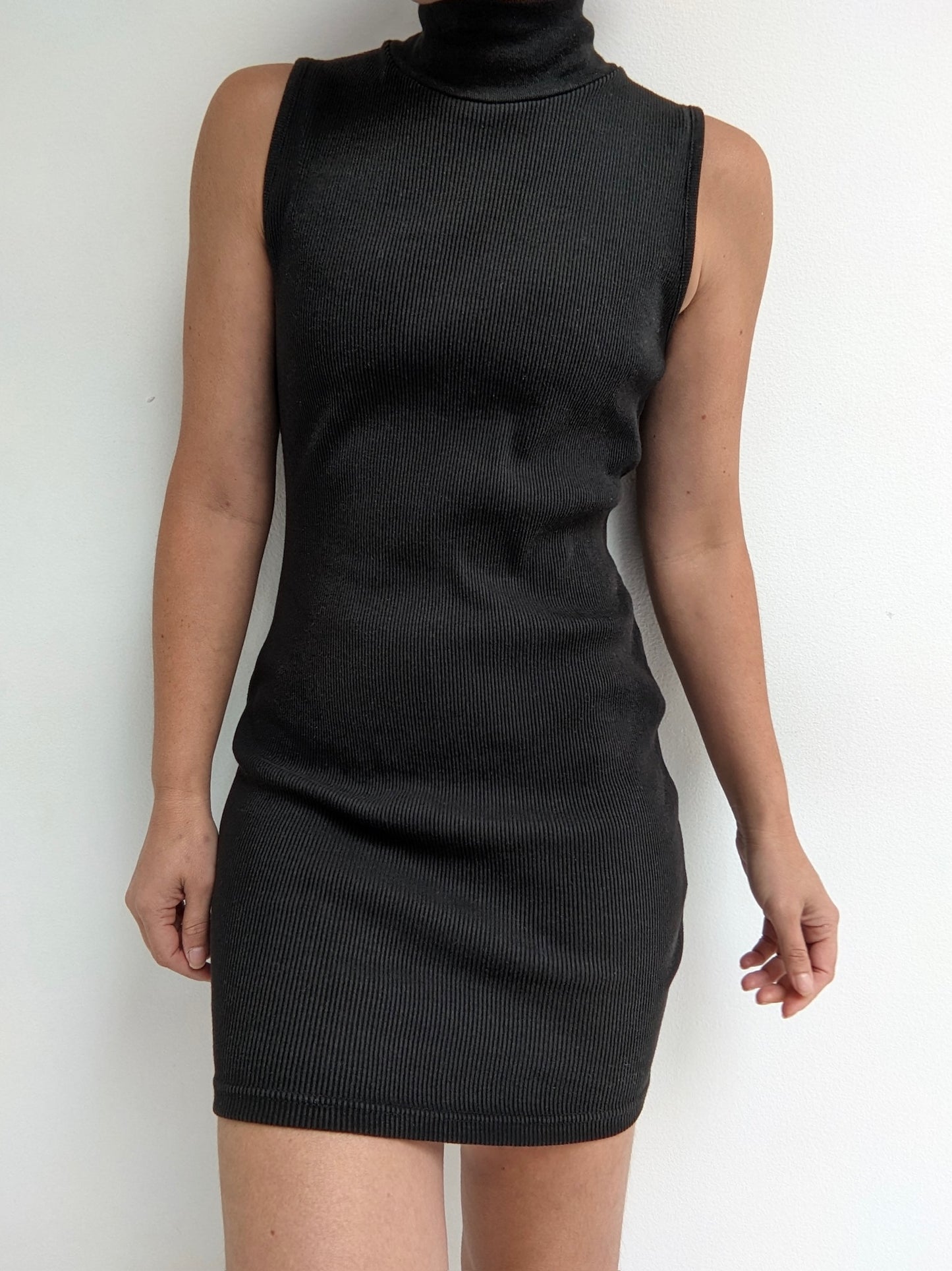 90s Black Ribbed Mock Neck Dress