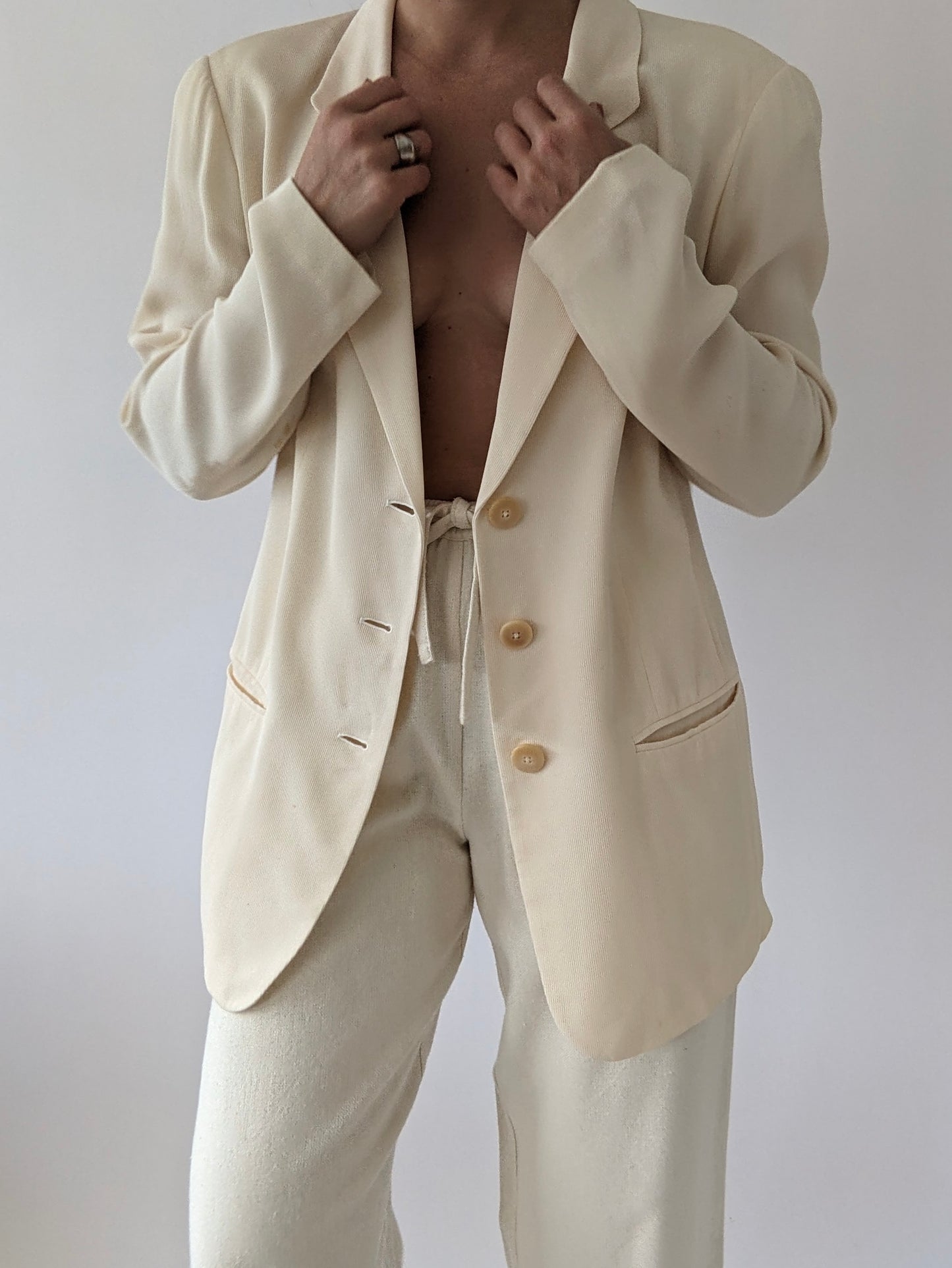 Vintage Cream Ribbed Silk Blazer