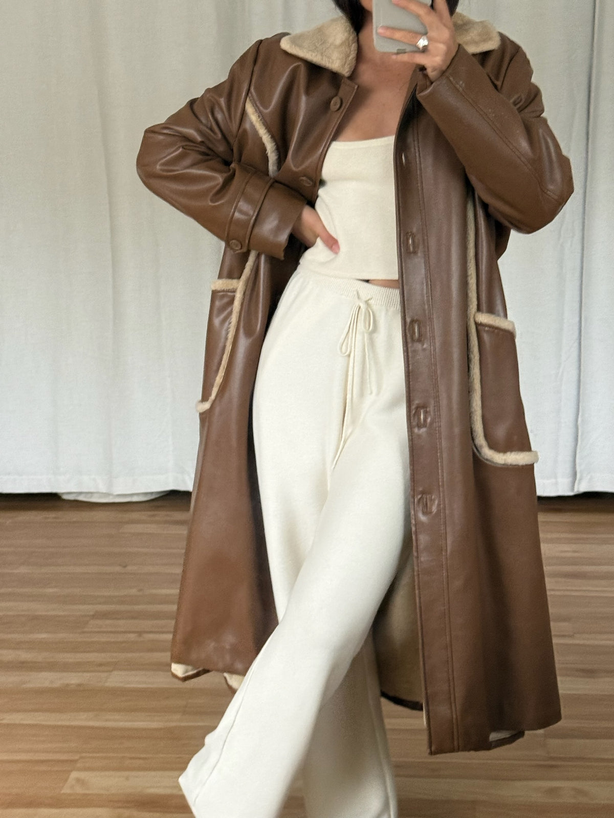 Vintage Chocoate Vegan Leather Belted Coat