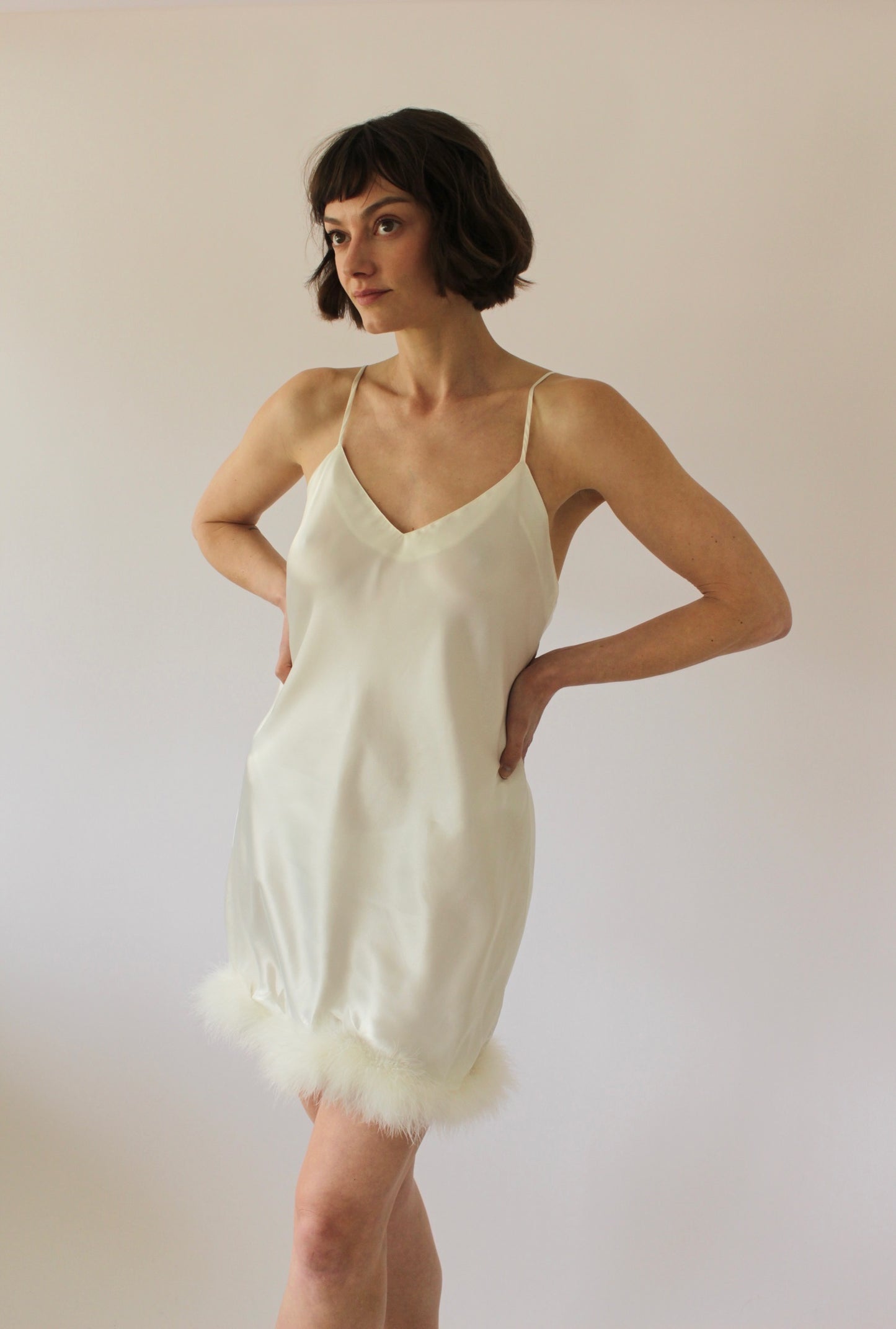 Vintage Satin Faux-Fur Trim Slip Dress