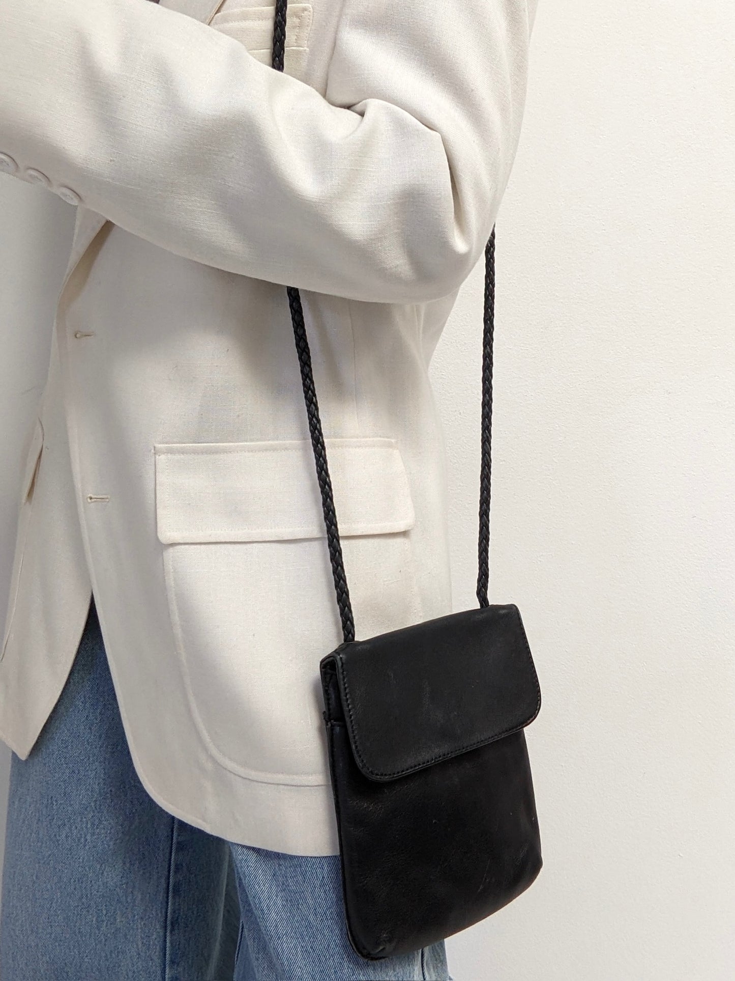 Vintage Petite Black Leather Crossbody Bag