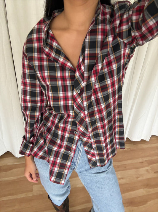 Vintage Collarless Plaid Button Down