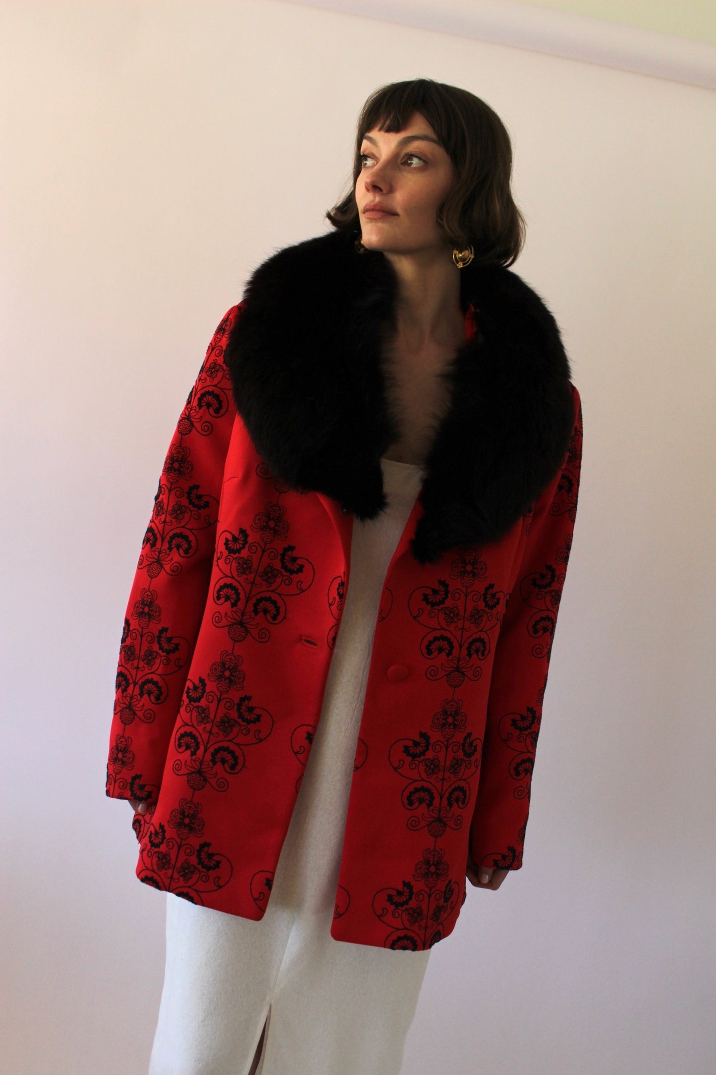 Incredible Vintage Crimson Embroidered Fur-Collar Jacket