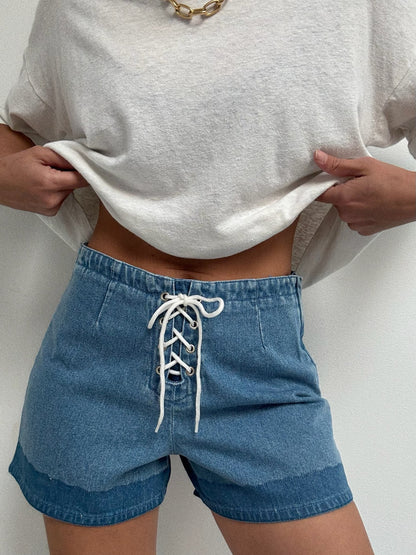 Vintage Lace-Up Denim Shorts