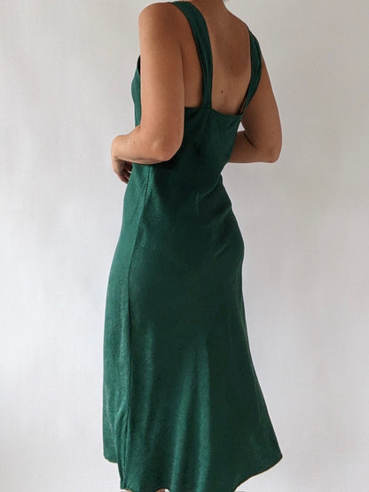 Vintage Embossed Moss Green Silk Slip Dress
