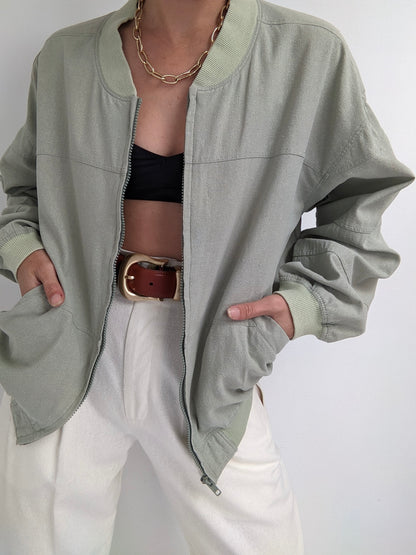 Vintage Pistachio Raw Silk Bomber Jacket