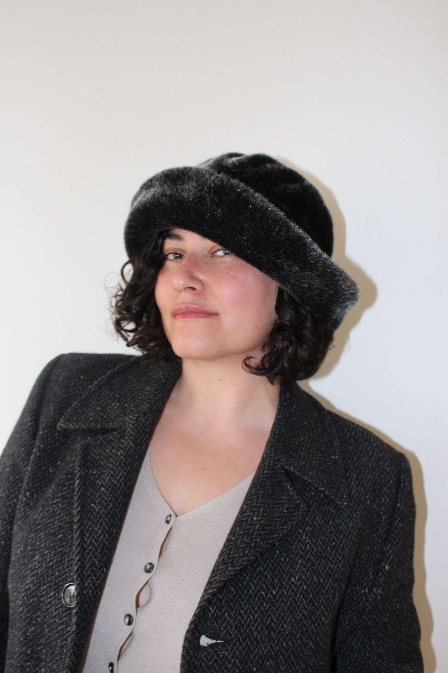 Vintage Charcoal Faux Fur Bucket Hat