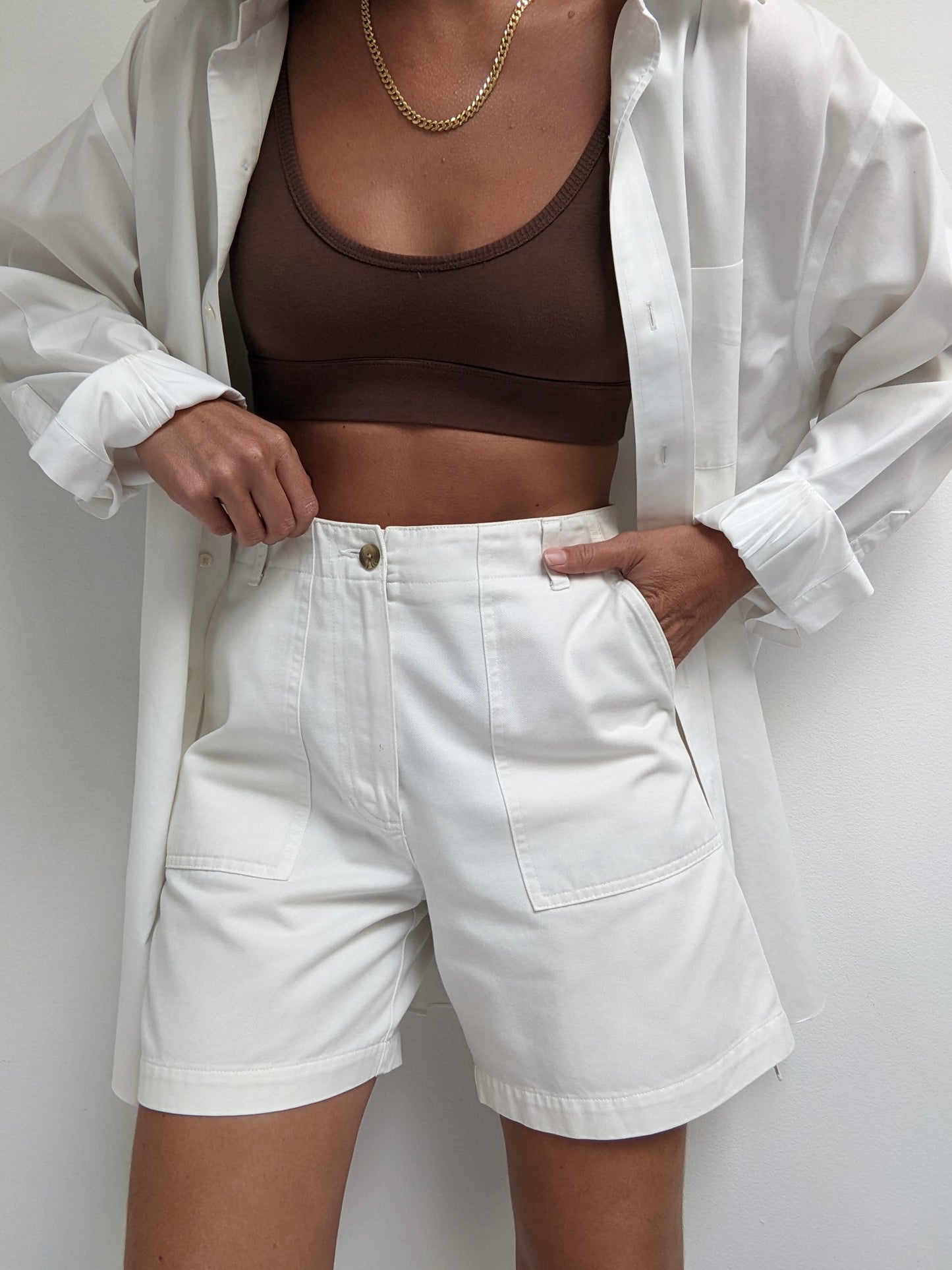 Vintage Bone White Cotton Twill Shorts