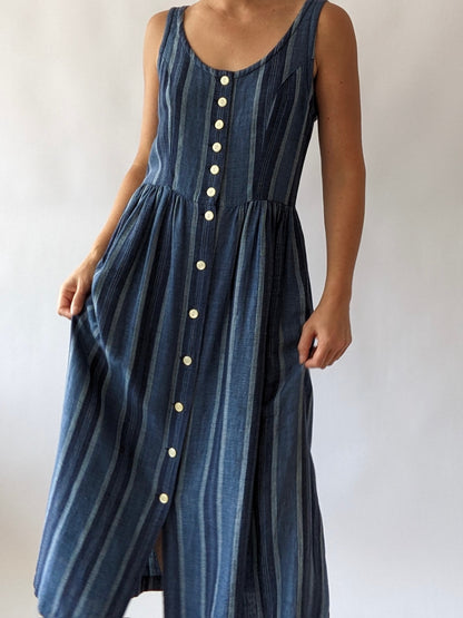 Vintage Indigo Striped Linen Market Dress