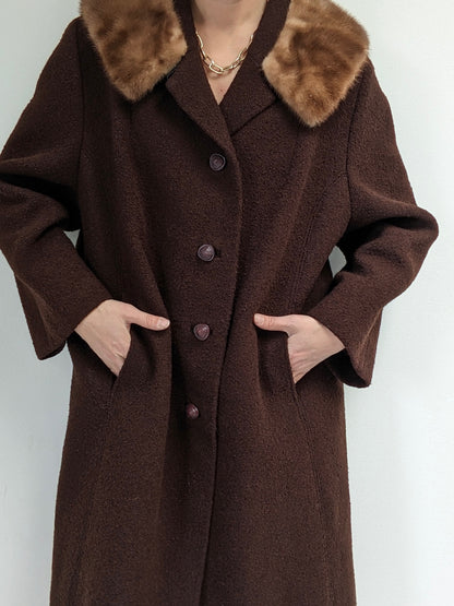 Gorgeous Vintage Chocolate Bouclé Wool & Fur Coat