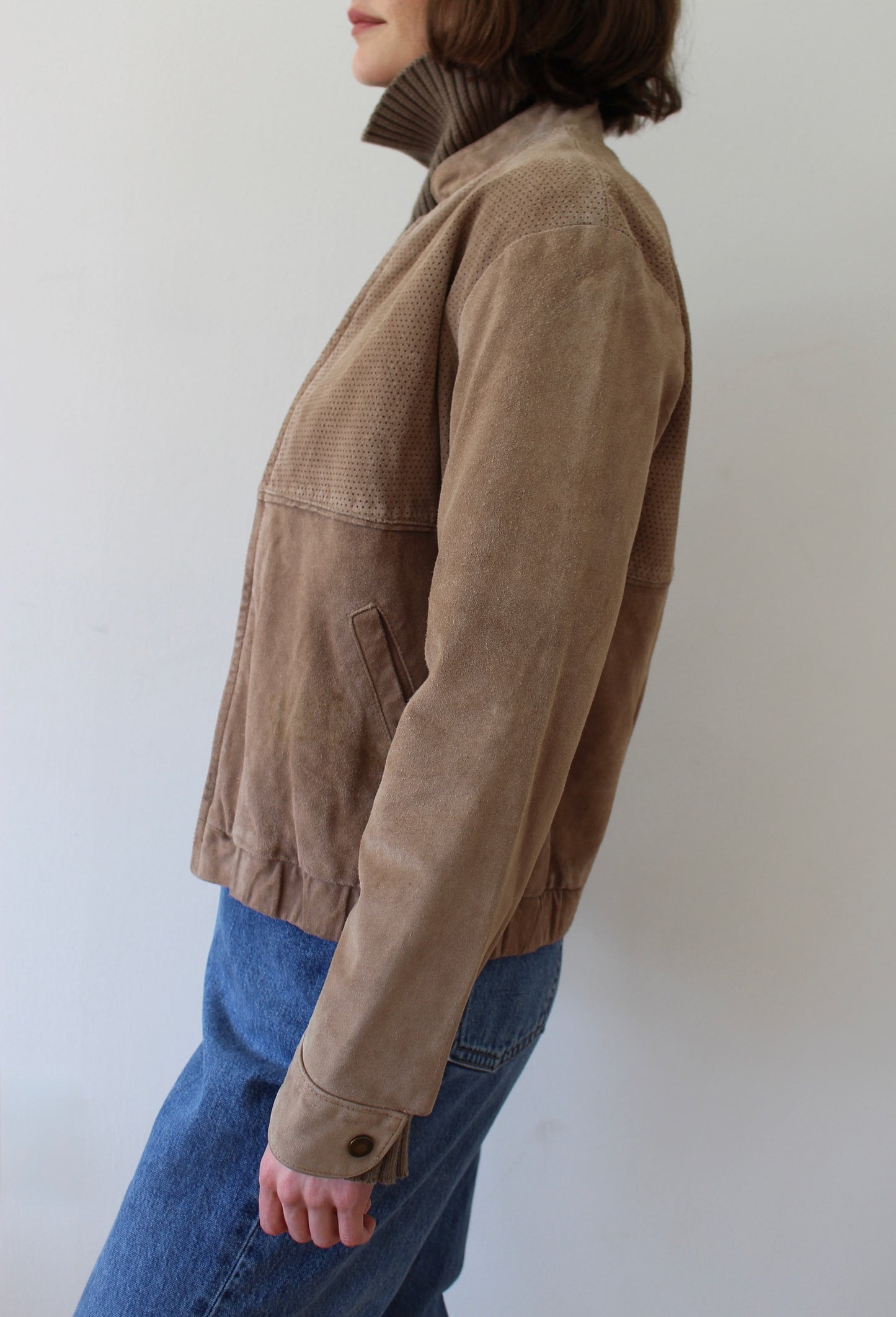 Vintage Cropped Latte Suede Bomber