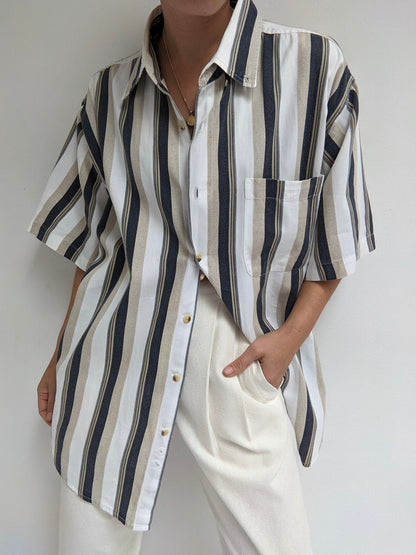 Vintage Sand & Faded Black Striped Button Down