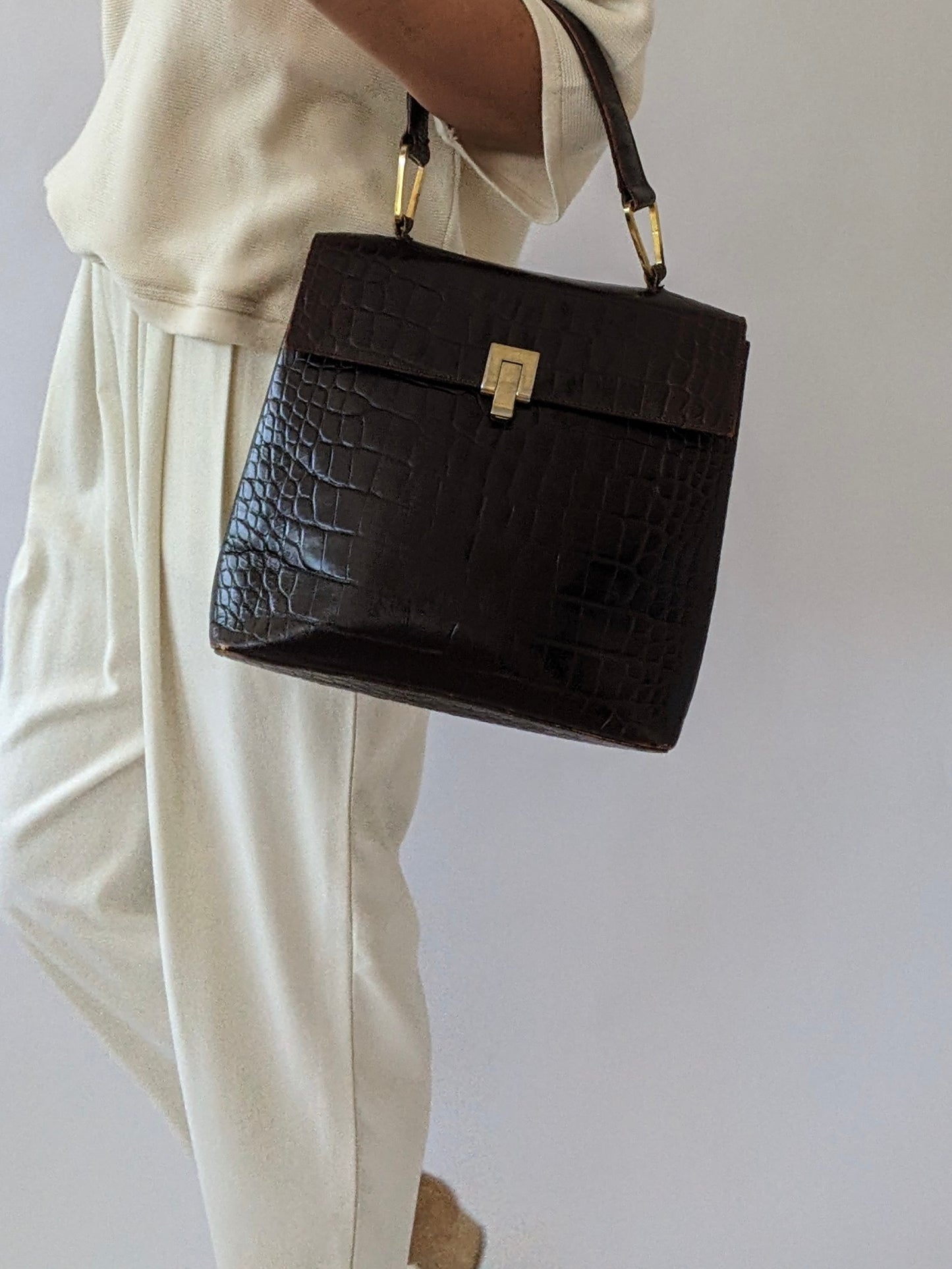 Vintage Espresso Croc-Embossed Leather Handbag