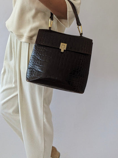 Vintage Espresso Croc-Embossed Leather Handbag