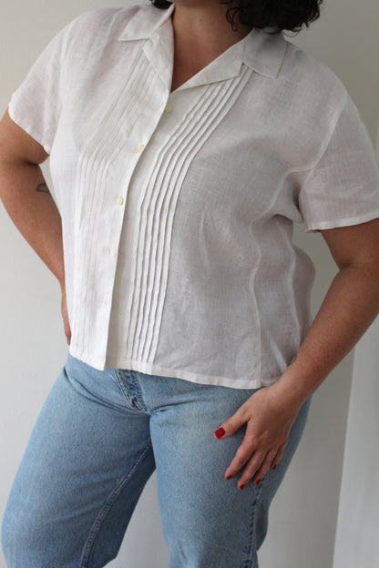 Vintage Ivory Pleated Linen Blouse