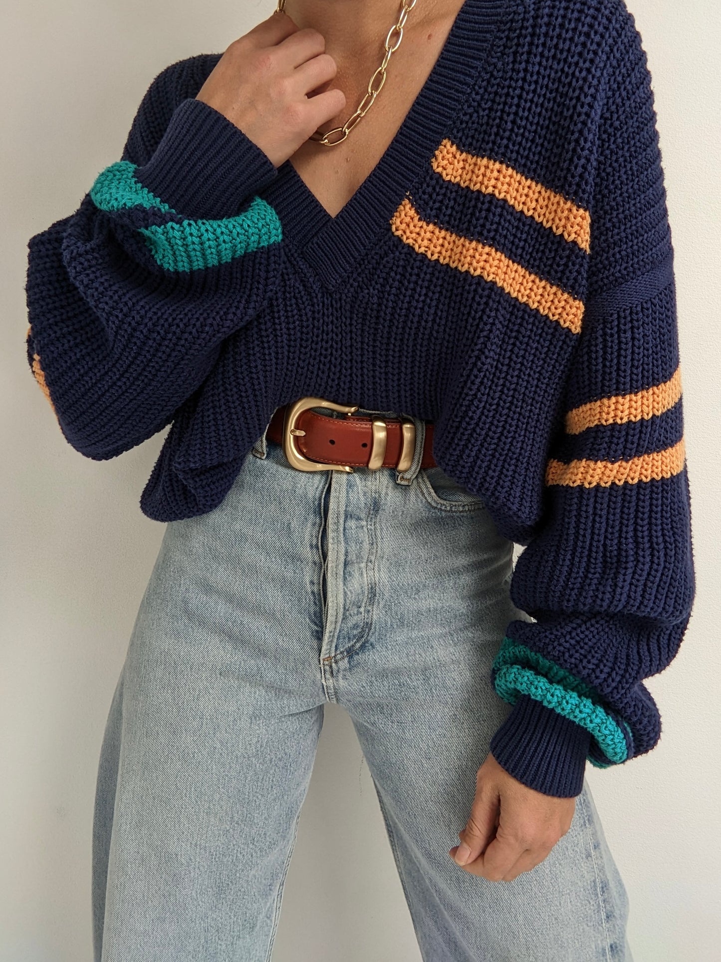 Vintage Striped Blue Cotton V-Neck Sweater