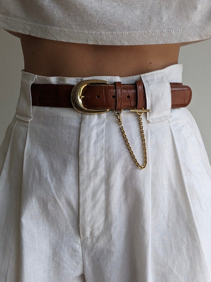 Vintage Cognac Croc-Embossed Leather & Chain Belt