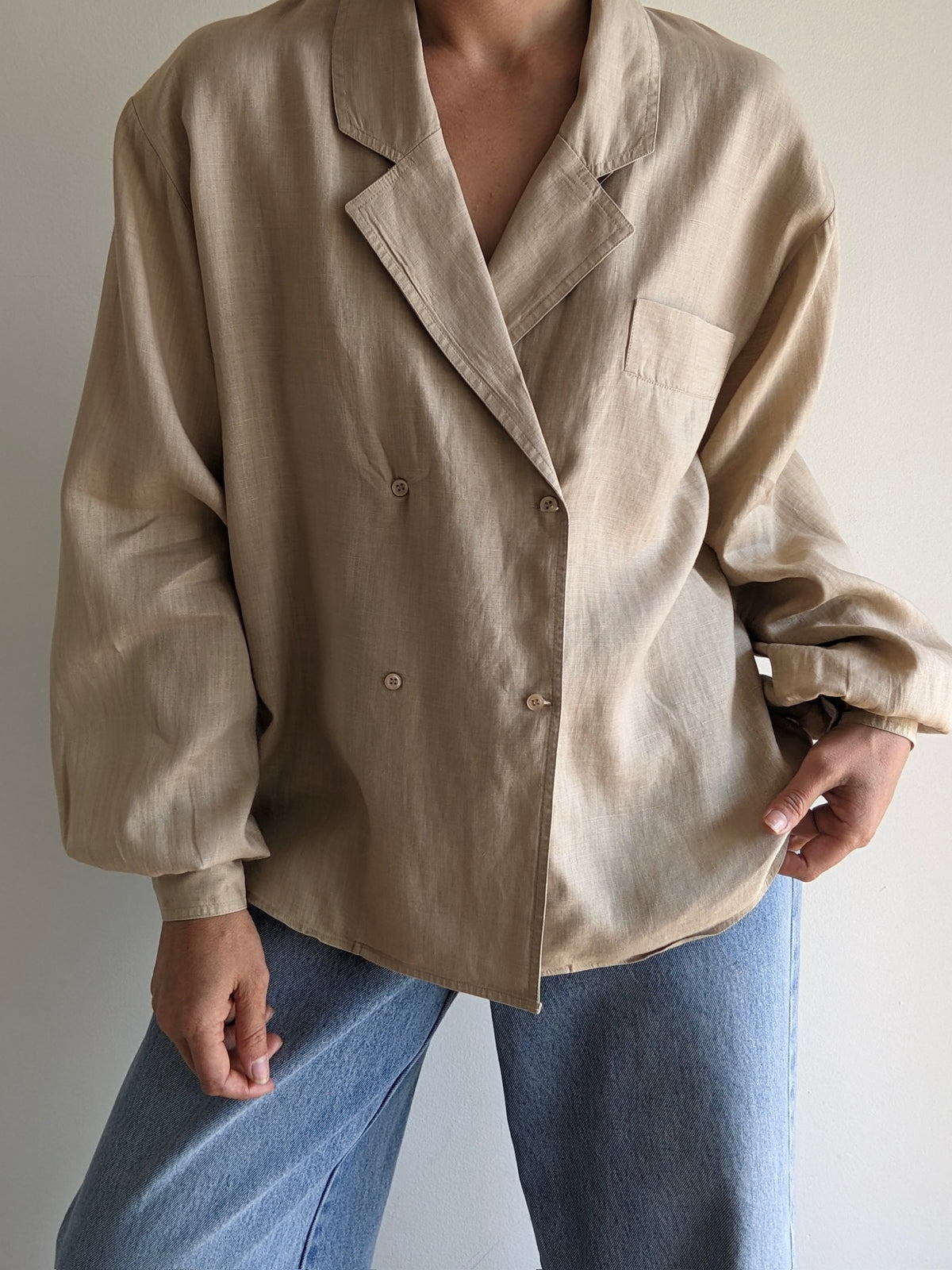 Vintage Sand Linen Balloon Sleeve Blouse