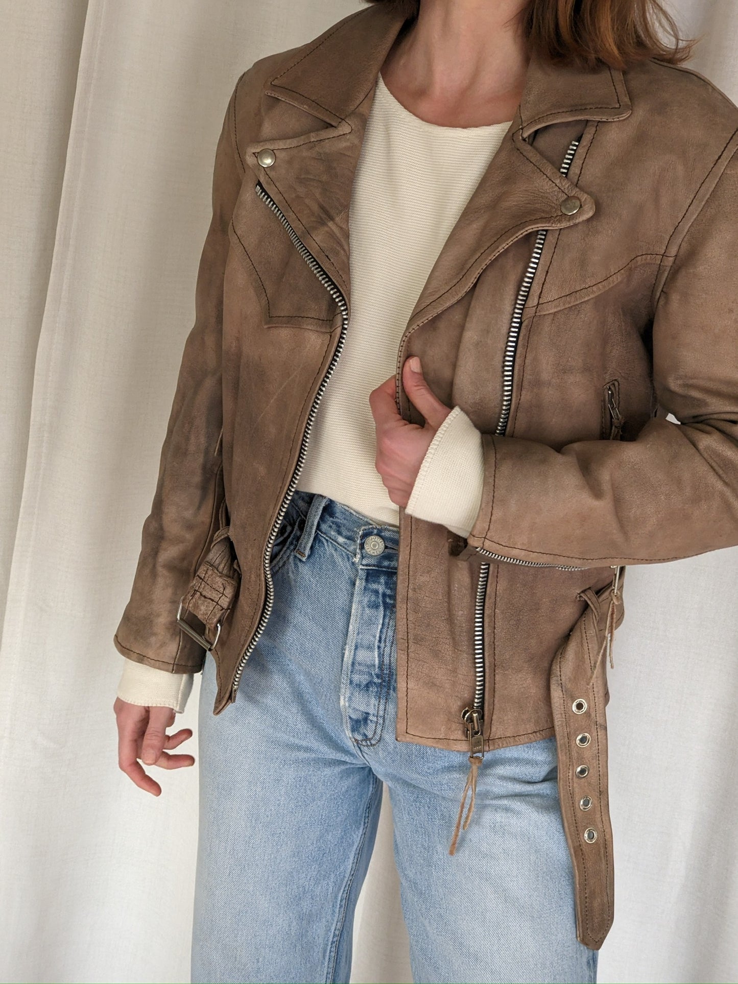 Amazing Vintage Faded Almond Leather Moto Jacket