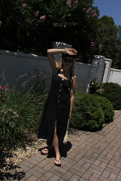 Vintage Faded Black Buttoned Linen Dress