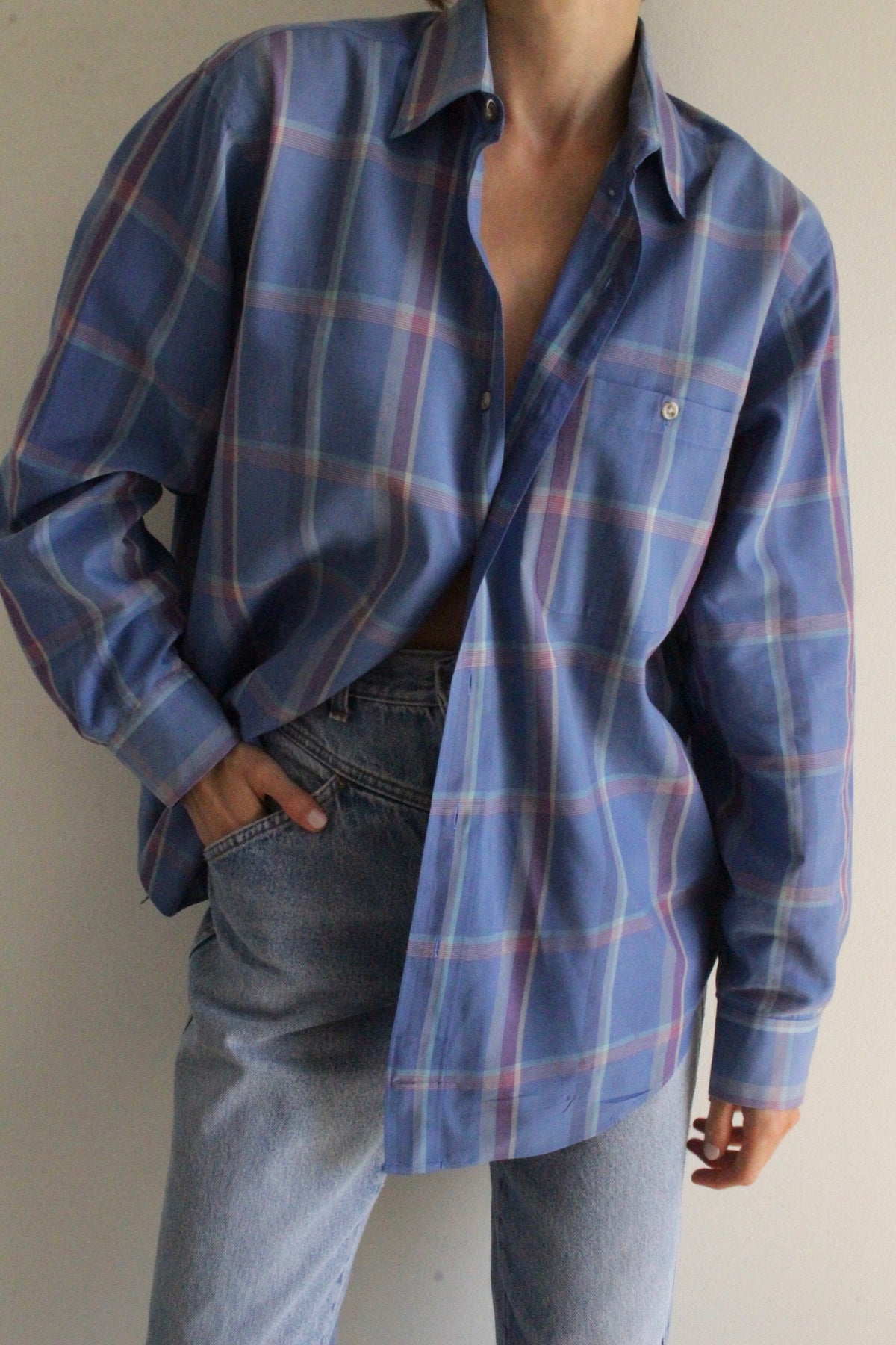 Vintage Christian Dior Sky Blue Plaid Button Down