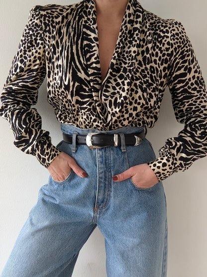 Bold Vintage Animal Print Silk Blouse
