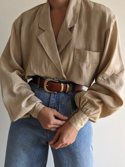 Vintage Sand Linen Balloon Sleeve Blouse