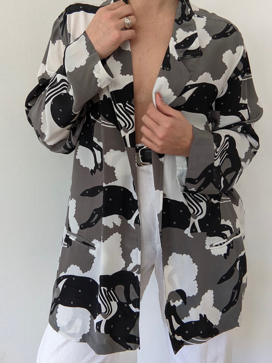 Rare Vintage Equestrian-Themed Silk Open Jacket