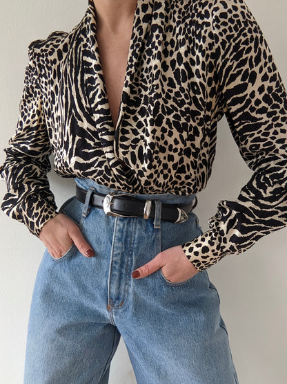 Bold Vintage Animal Print Silk Blouse