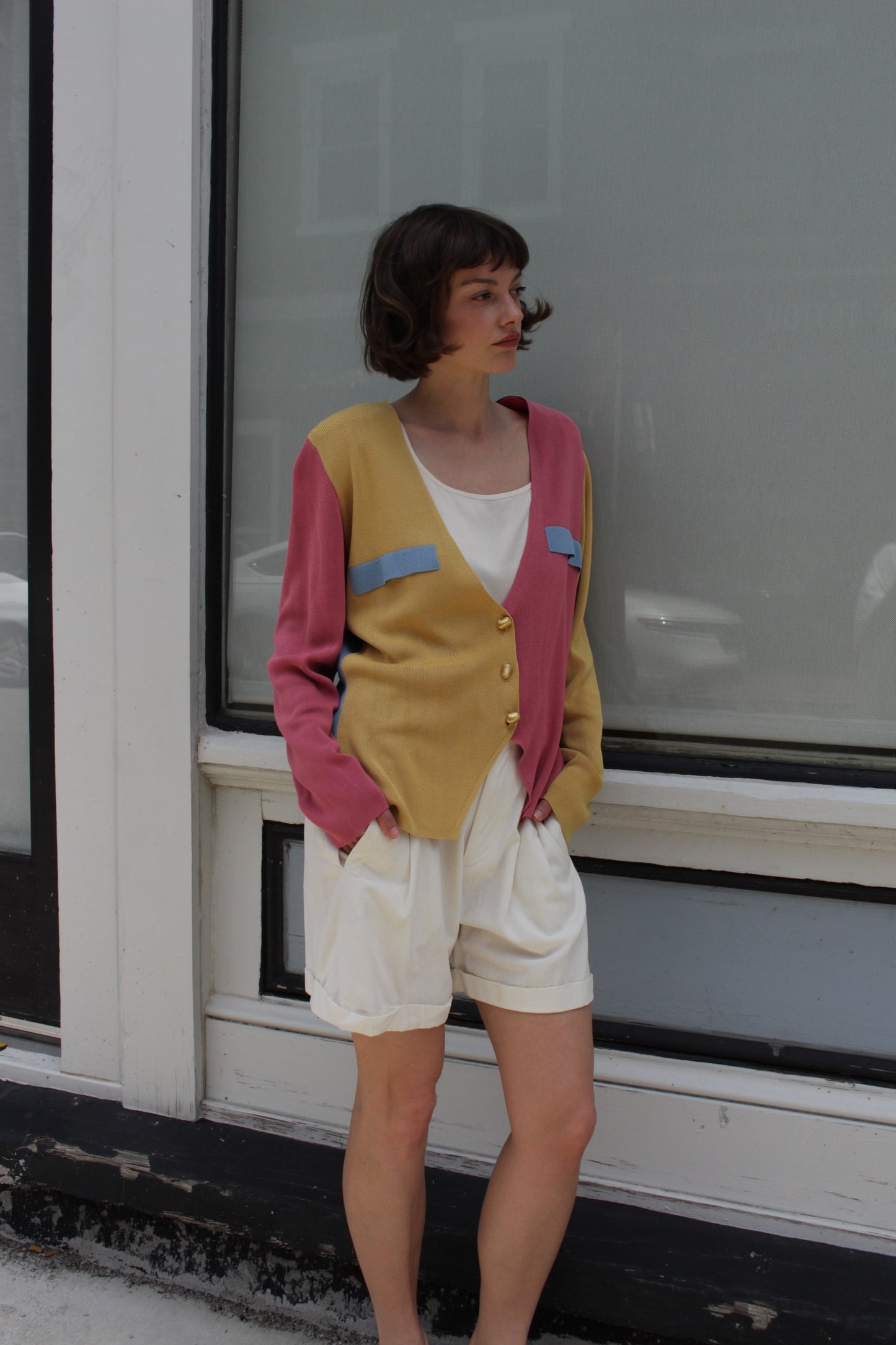 Rare 80s Vintage Color Block Silk Cardigan