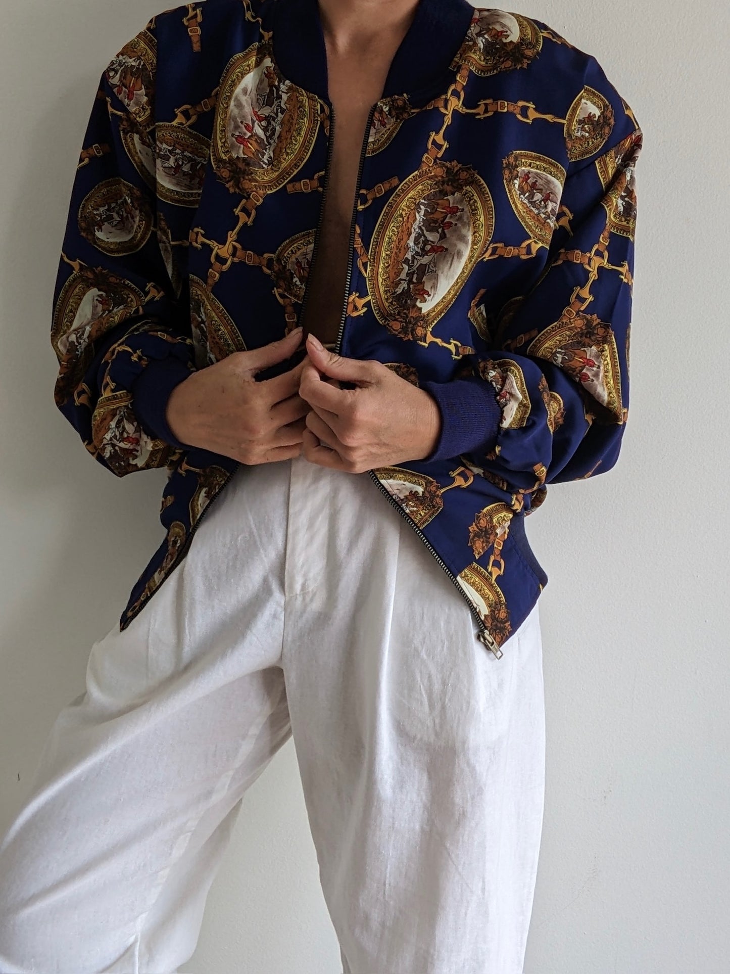 Vintage Equestrian Print Bomber Jacket