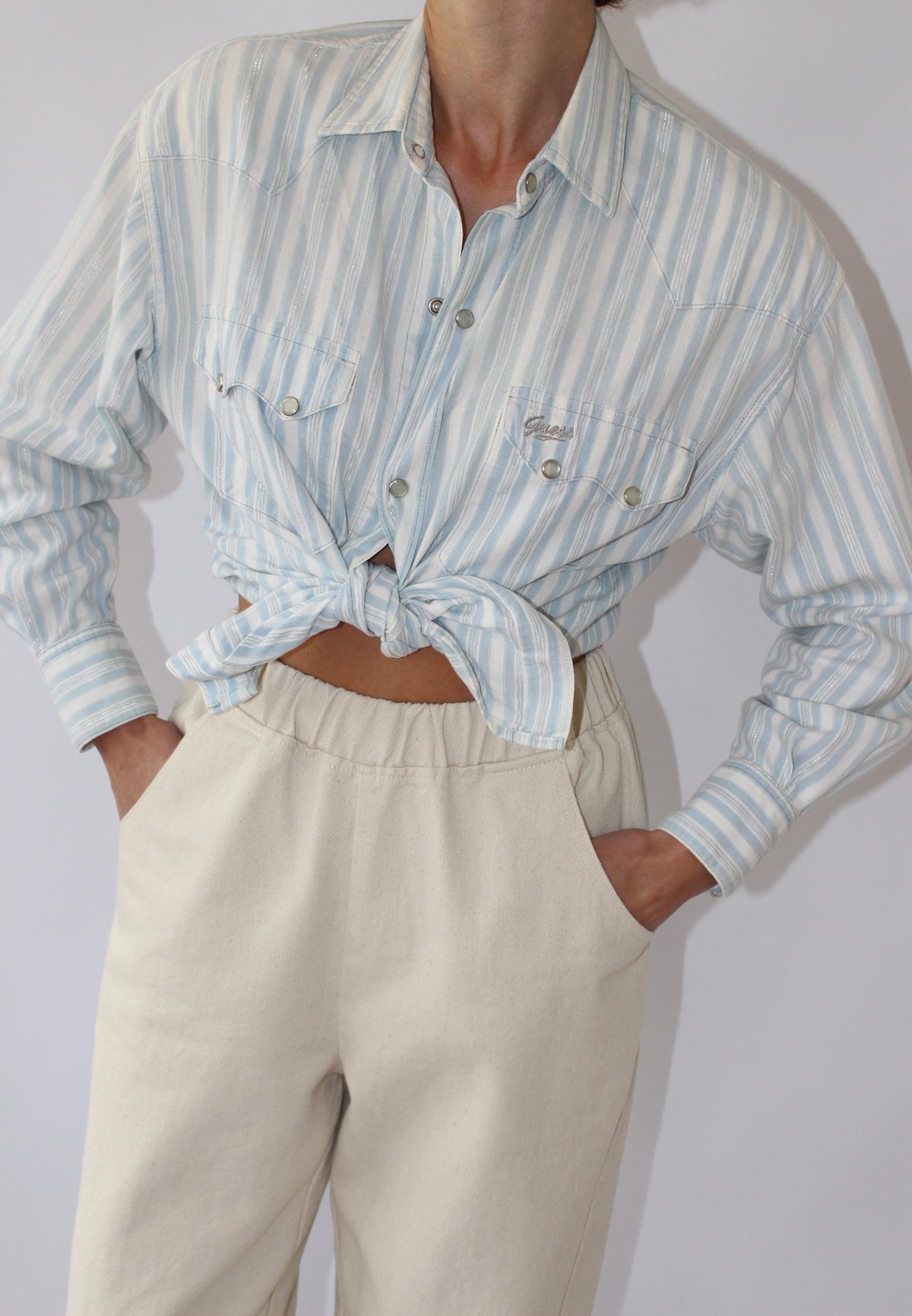 Vintage Guess Metallic Striped Pearl Snap Shirt