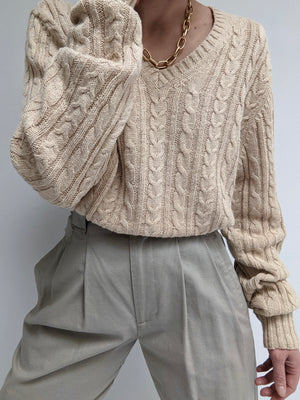 Vintage Oat Linen Cable Knit Sweater