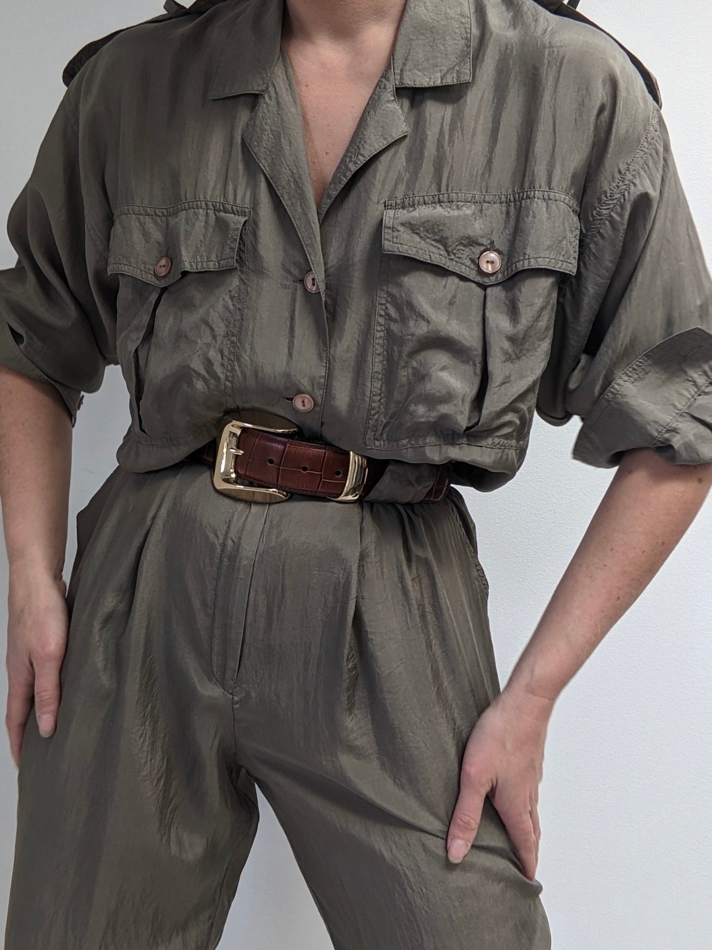 Vintage Olive Smooth Silk Jumpsuit