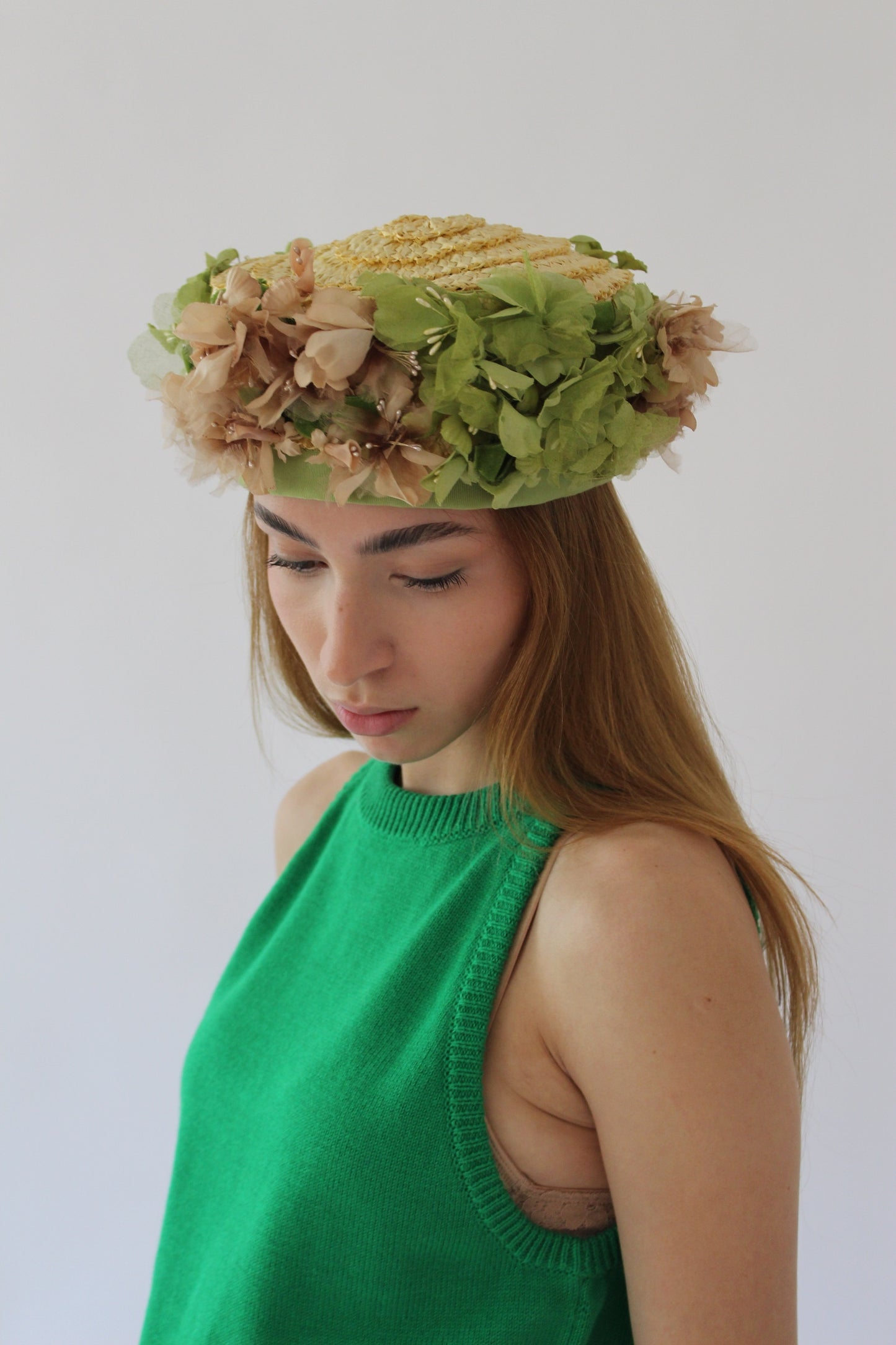 Vintage Floral Trim Woven Straw Hat