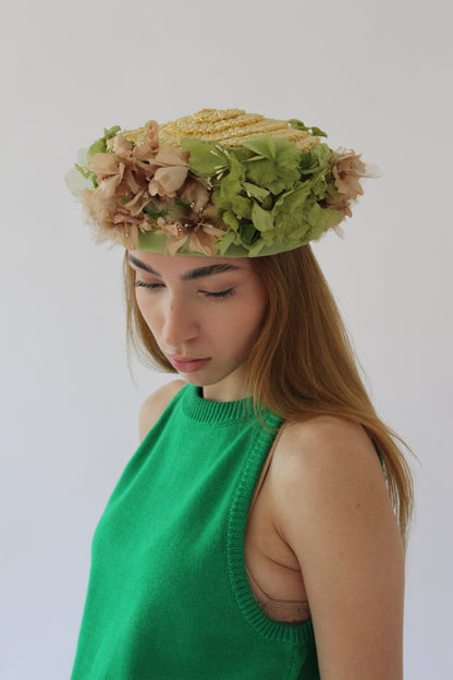 Vintage Floral Trim Woven Straw Hat