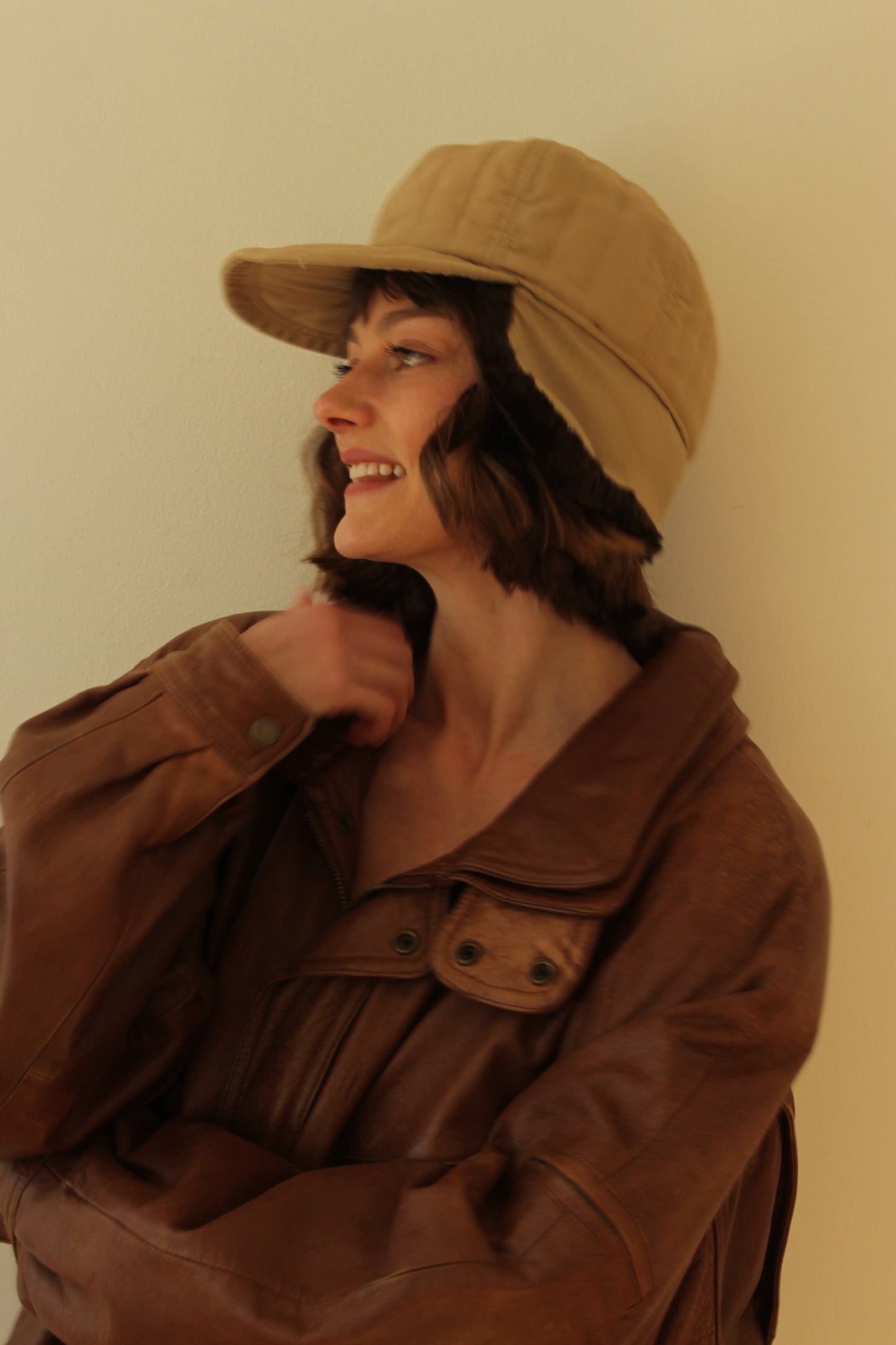 Vintage Quilted Khaki & Faux Fur Trapper Hat