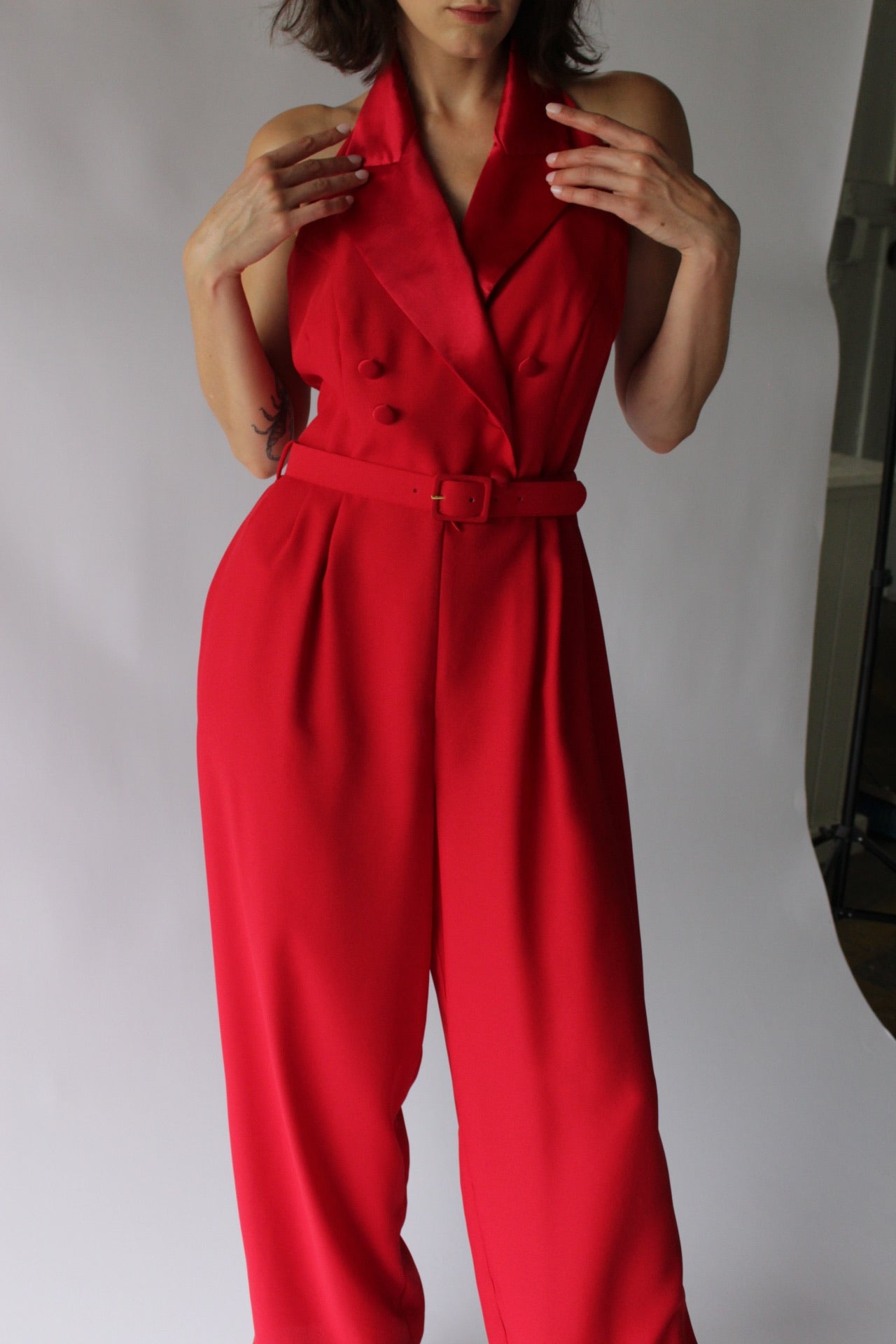 Vintage Crimson Halter Jumpsuit & Bolero Set