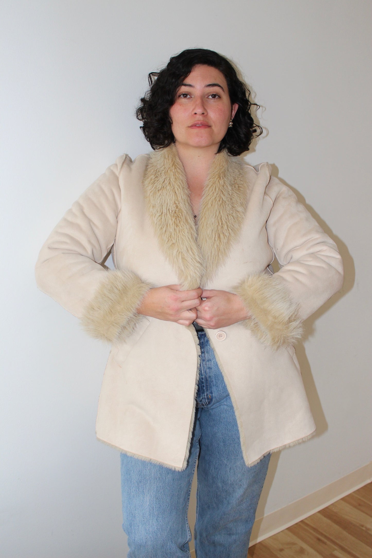 Vintage Latte Faux Suede & Fur Coat