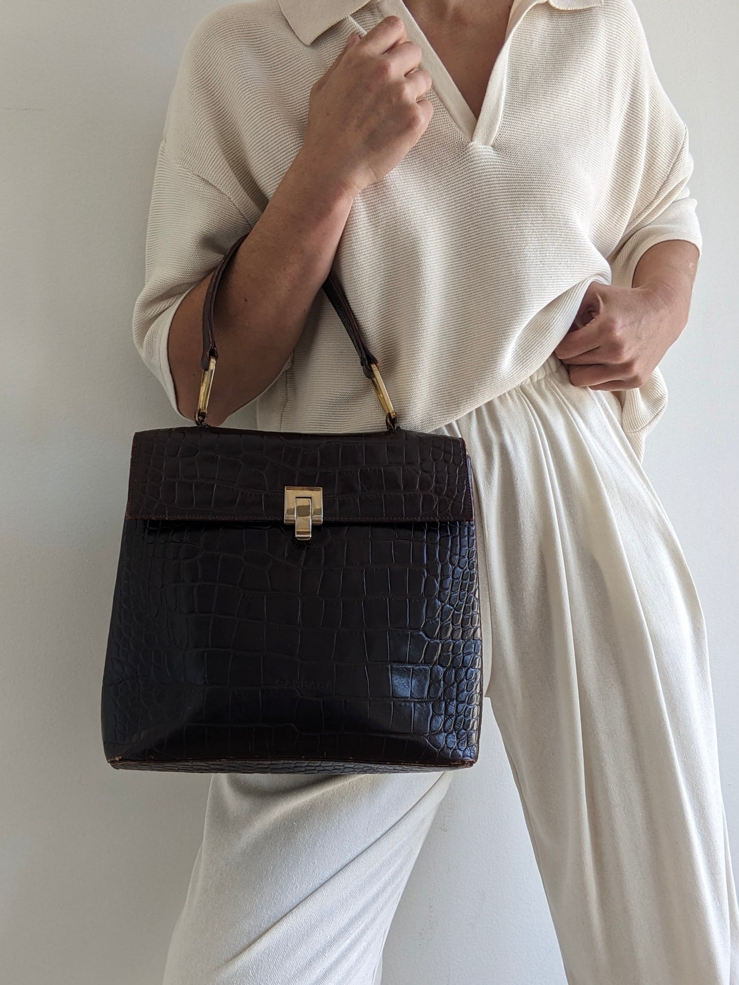 Vintage Espresso Croc-Embossed Leather Handbag