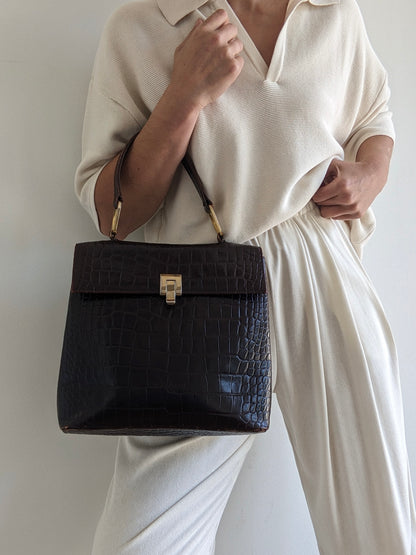 Vintage Espresso Croc-Embossed Leather Handbag
