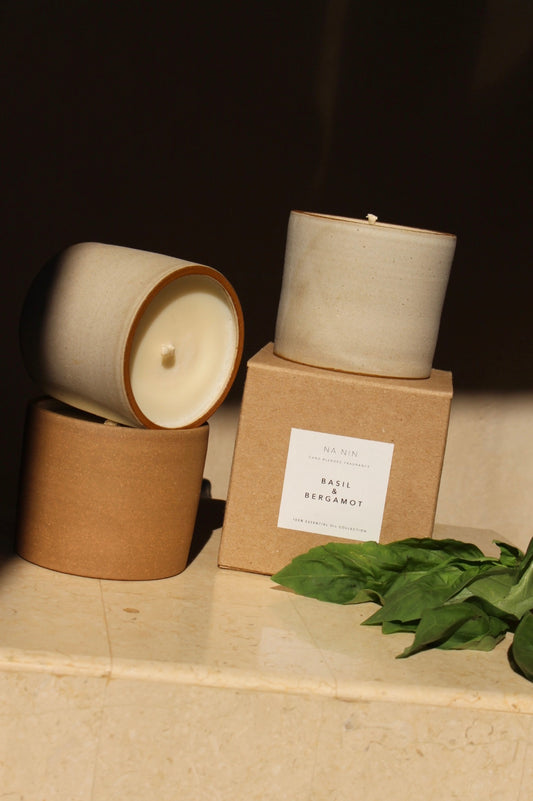 Basil & Bergamot Essential Oil Soy Candle / Available in White & Terracotta Ceramic