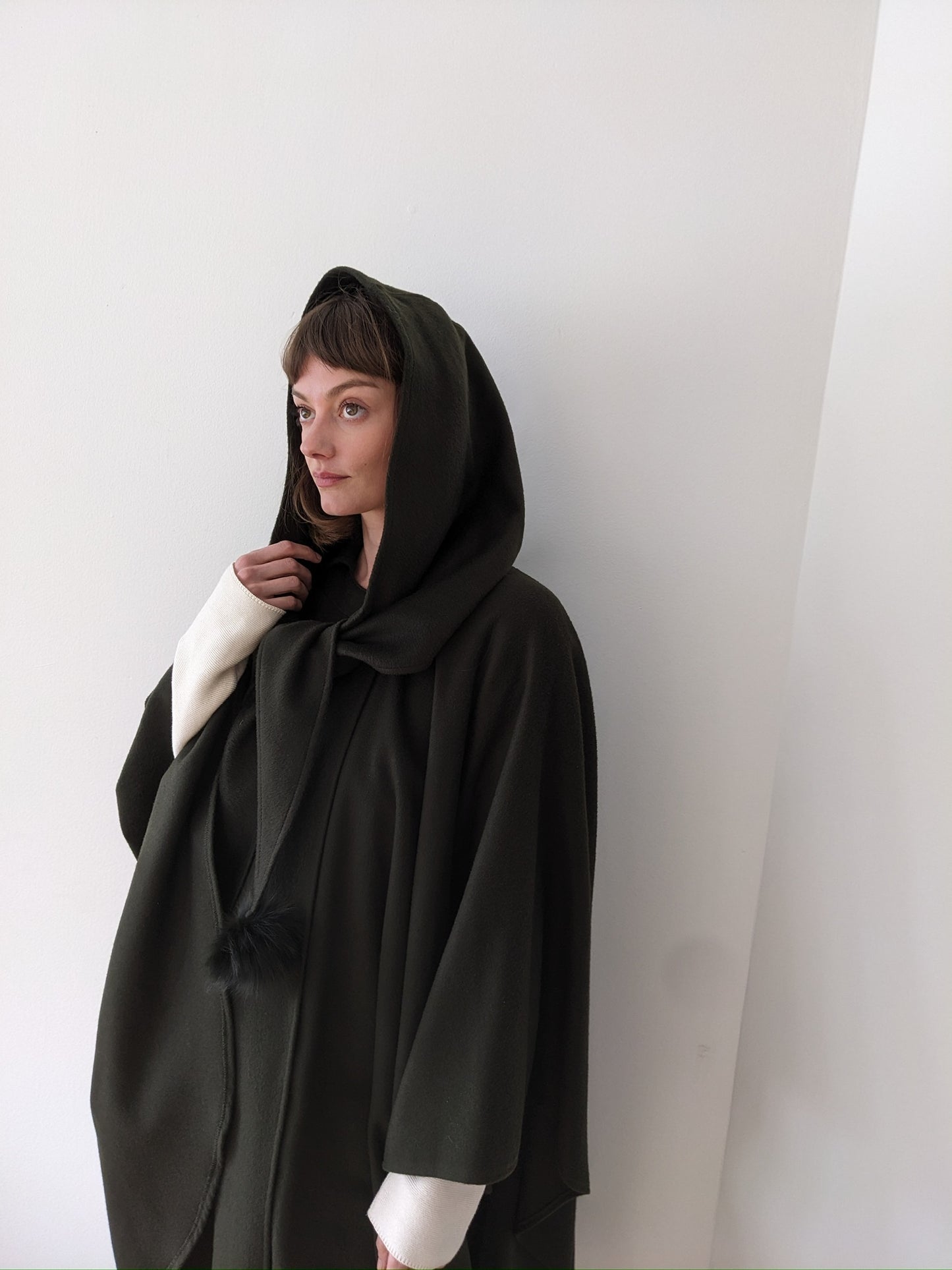 Incredible Vintage Olive Wool & Cashmere Hooded Cape
