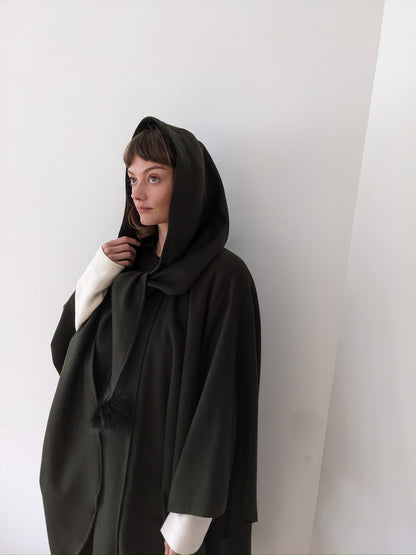 Incredible Vintage Olive Wool & Cashmere Hooded Cape