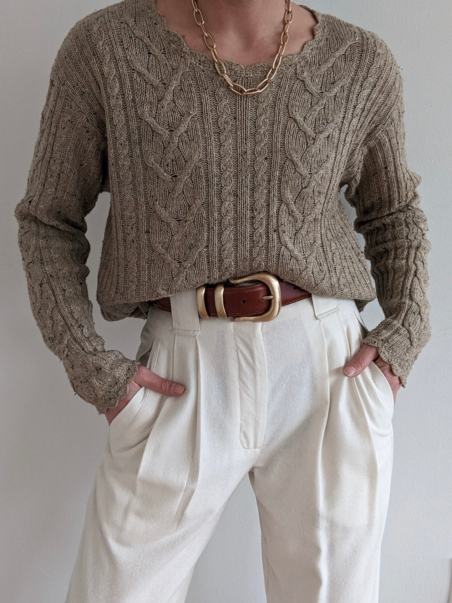 Vintage Speckled Latte Cable Knit Sweater