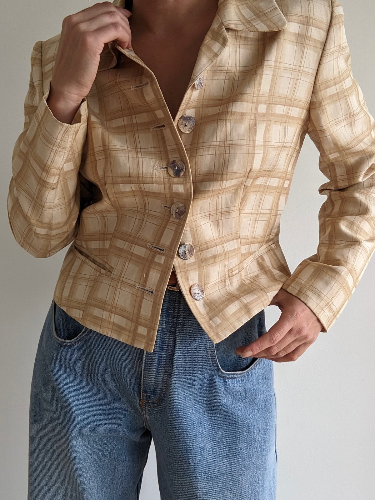 Vintage Sand Plaid Silk Cropped Jacket